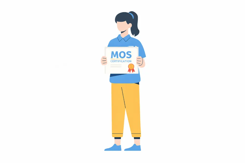 MOS取得証書を持って立っている女性のイラスト