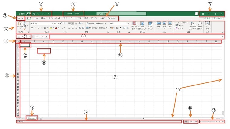 エクセル画面各部の名称