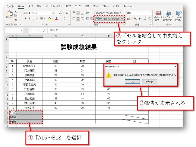 セルを結合すると、左上の値のみが保持され、他のセルの値は破棄されます。」と警告が表示