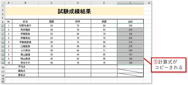 フィルハンドルでドラッグした範囲に計算式がコピーされます