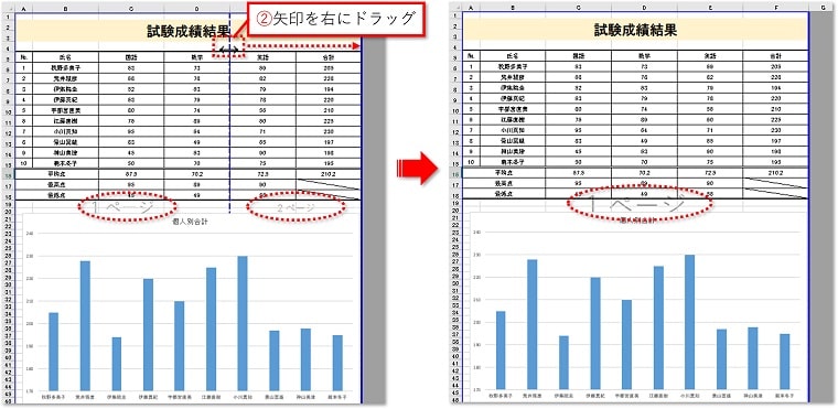 青い点線を右にドラッグ