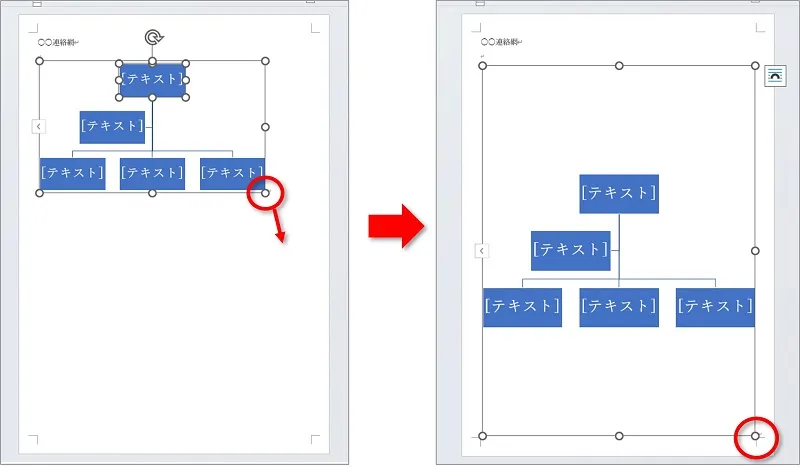組織図の右下のハンドルをドラッグし、図全体を大きく広げます。