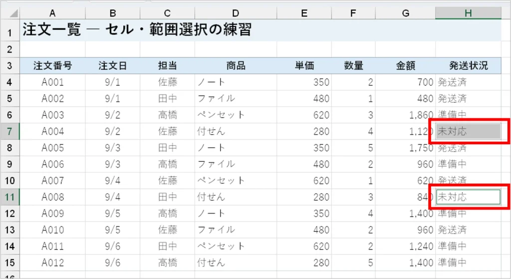 セルH7とセルH11の両方が選択されている