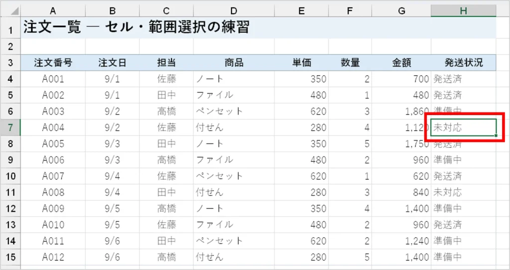 セルH7をクリック