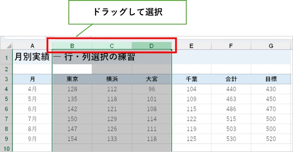 連続した複数の行・列は、行番号や列番号をドラッグして選択