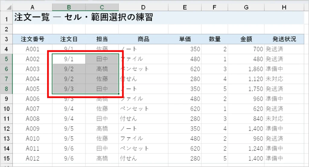 B5:C8をドラッグして選択