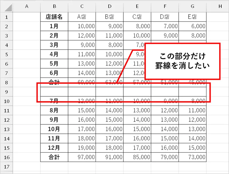 この部分の罫線だけ消したい
