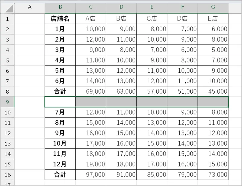 罫線を消したいセル範囲を選択